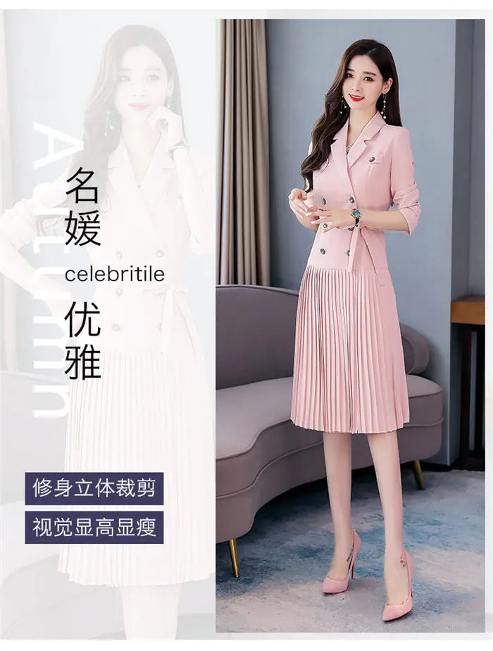 Notched Pleated Dress for Ladies Professional Suit Office Blazer Pink or Black Workwear Spring and Autumn New Fashion K1093