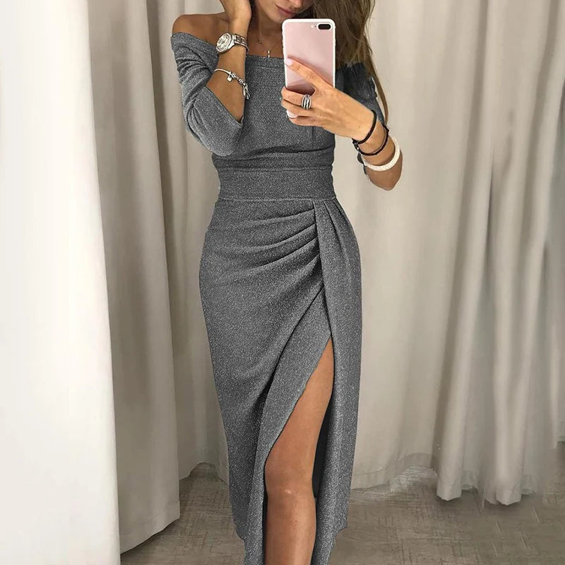 2022 Lady Evening Party Dresses Off Shoulder High Waist Long Dress Elegant Sexy Club Vestidos Spring Summer Solid Women's Tunic