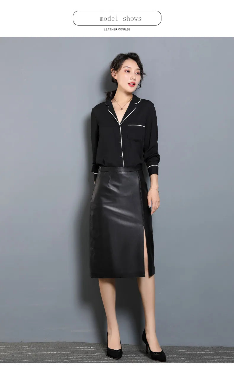 Women's Leather Skirt, High Waist, Genuine Sheepskin, A-Line, Medium Length, Spring, Autumn, M, 4XL