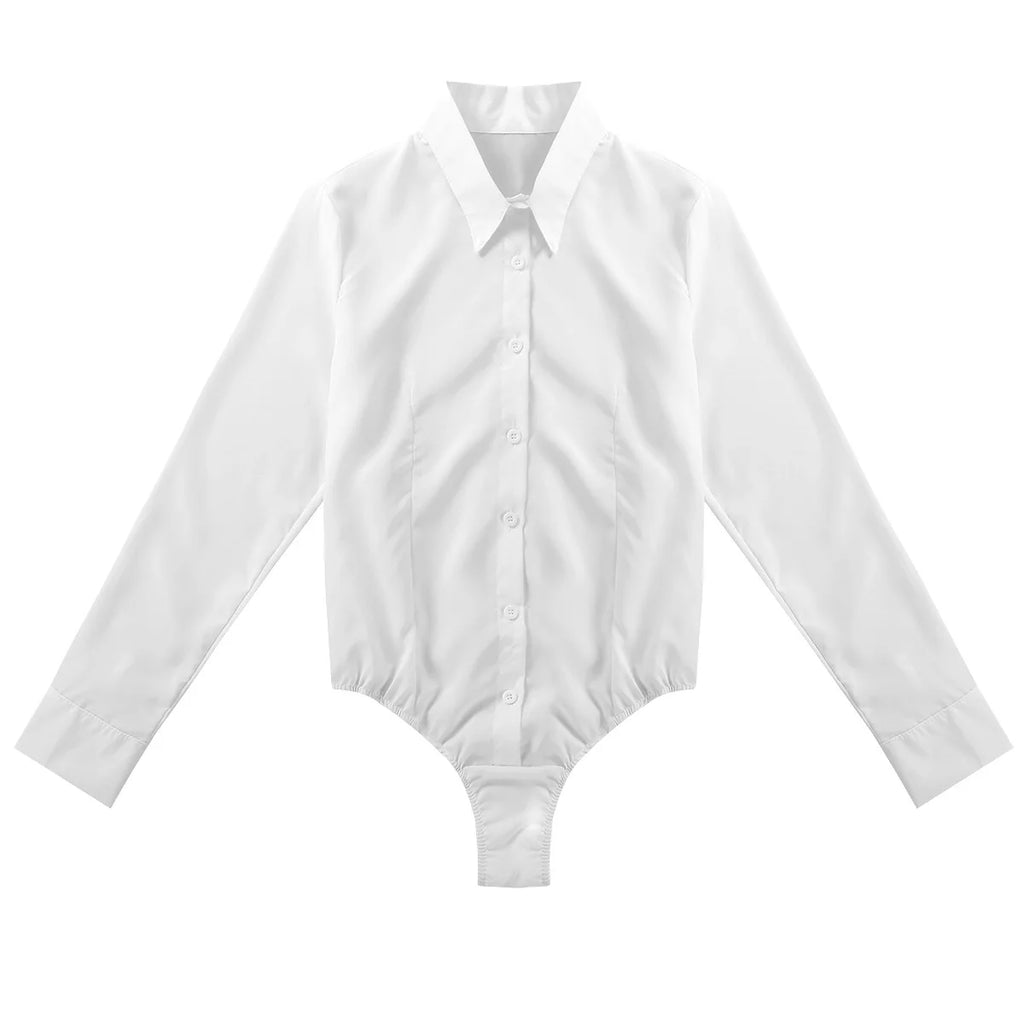Women's Body Shirt Office Lady Work Uniforms White Blouses Slim Clothes Long Sleeve OL Shirt Leotard Easy Care Work Tights Shirt