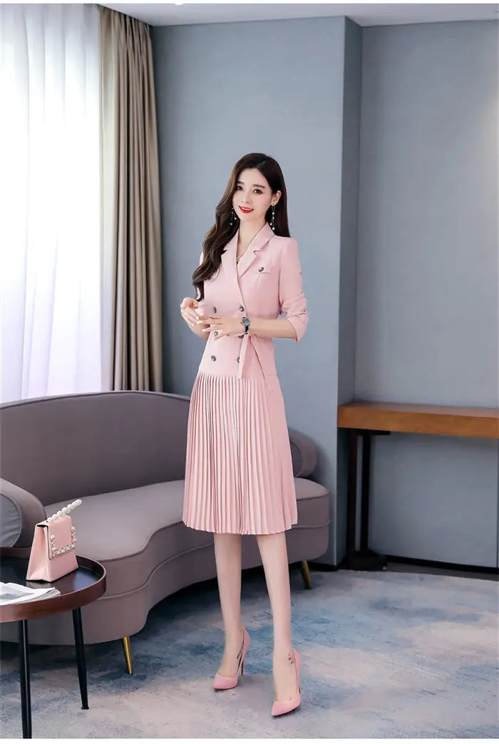 Notched Pleated Dress for Ladies Professional Suit Office Blazer Pink or Black Workwear Spring and Autumn New Fashion K1093