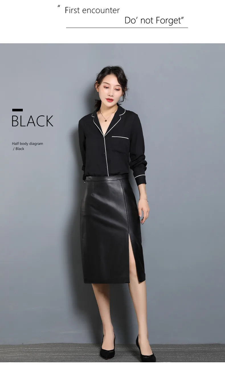 Women's Leather Skirt, High Waist, Genuine Sheepskin, A-Line, Medium Length, Spring, Autumn, M, 4XL