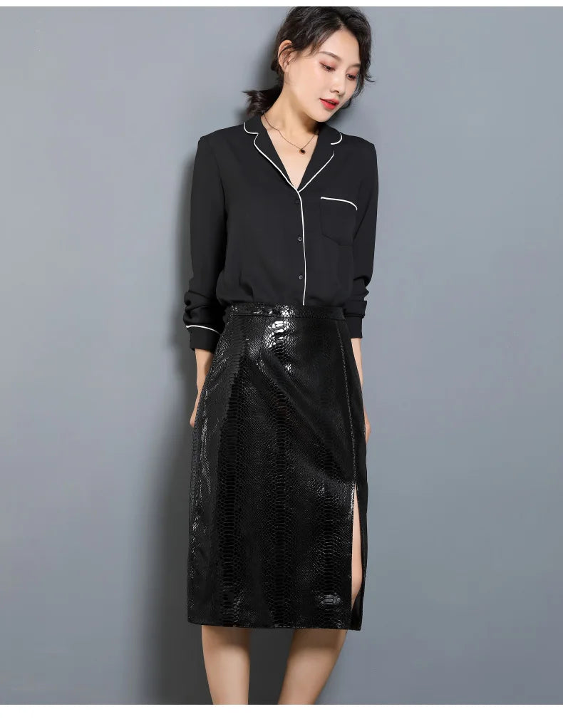 Women's Leather Skirt, High Waist, Genuine Sheepskin, A-Line, Medium Length, Spring, Autumn, M, 4XL