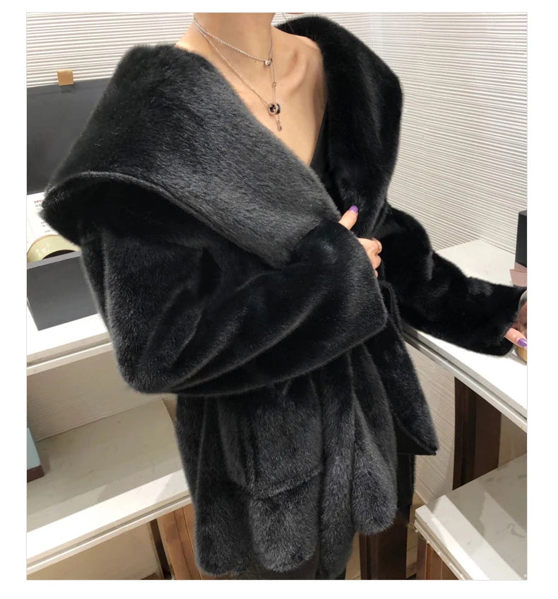 Lautaro Winter Black Warm Oversized Faux Fur Cardigan Women Drop Shoulder Long Sleeve Sashes Loose Stylish Korean Fashion 2021