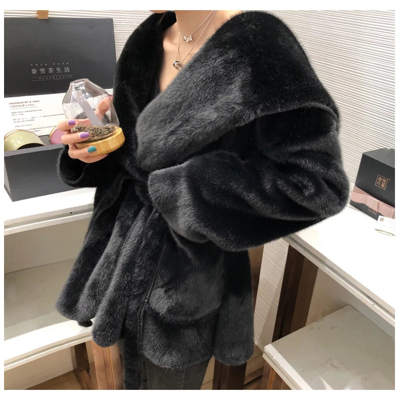 Lautaro Winter Black Warm Oversized Faux Fur Cardigan Women Drop Shoulder Long Sleeve Sashes Loose Stylish Korean Fashion 2021