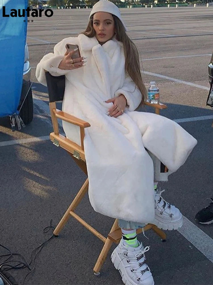 Lautaro Winter Long White Fluffy Warm Oversized Faux Fur Coat Women with Hood Lapel Sashes Loose Korean Fashion 2021 Outerwear