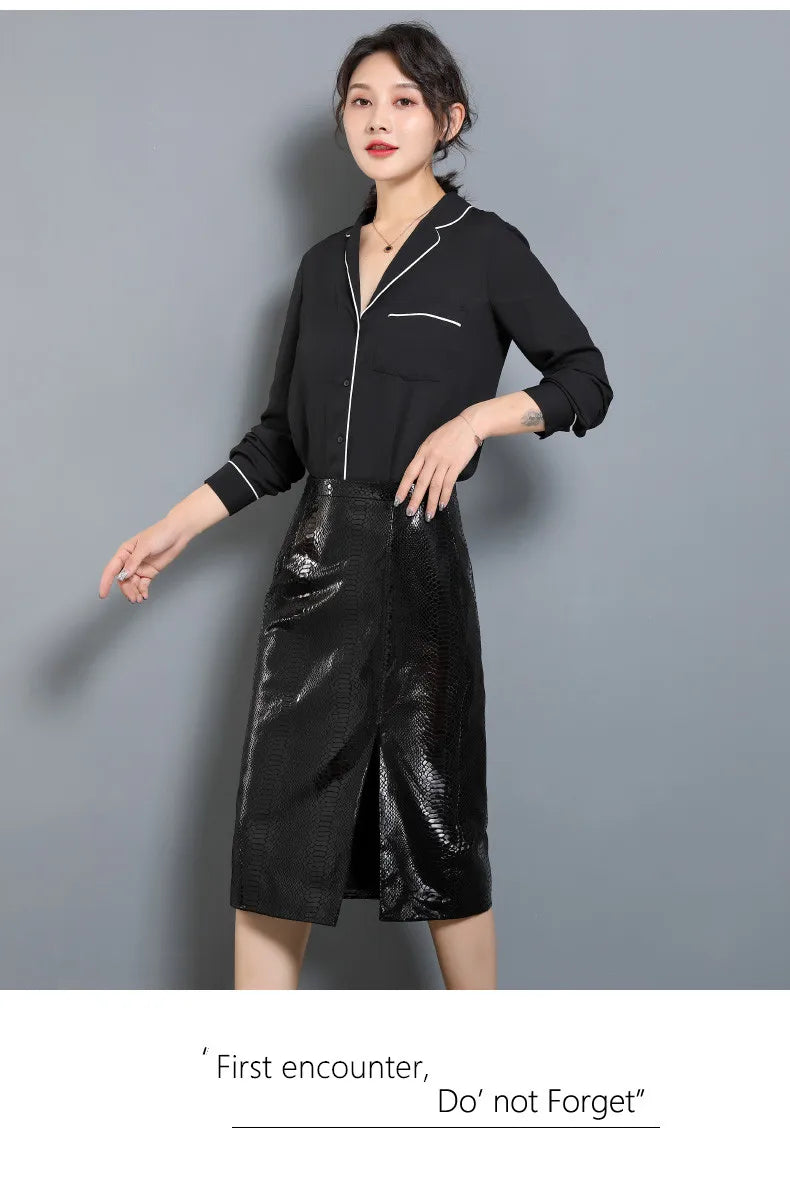 Women's Leather Skirt, High Waist, Genuine Sheepskin, A-Line, Medium Length, Spring, Autumn, M, 4XL