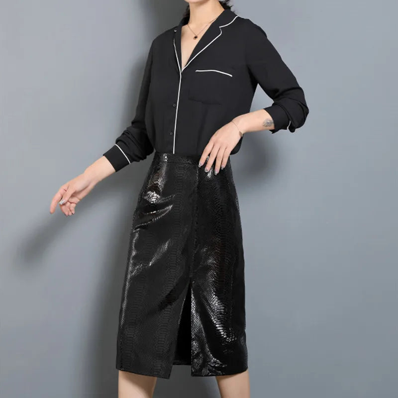 Women's Leather Skirt, High Waist, Genuine Sheepskin, A-Line, Medium Length, Spring, Autumn, M, 4XL