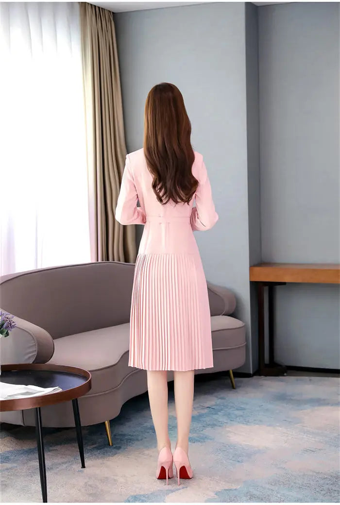 Notched Pleated Dress for Ladies Professional Suit Office Blazer Pink or Black Workwear Spring and Autumn New Fashion K1093