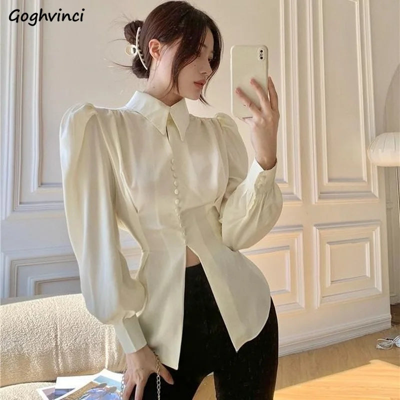 Shirts Women Vintage Fashion Design Puff Sleeve Sexy Split Spring Autumn Harajuku Elegant Office Lady Casual Tunic College Retro