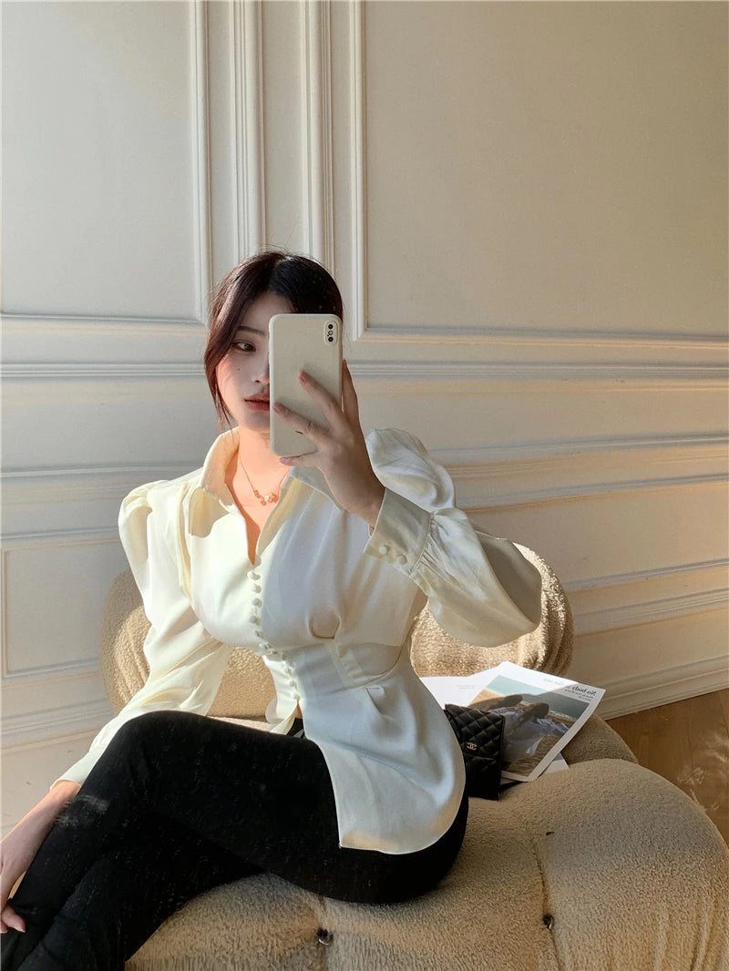 Casual Chiffon Blouse and Tops Women 2024 Autumn Fashion Design Elegant Puff Sleeve Shirts Ladies French Bow Korean Style