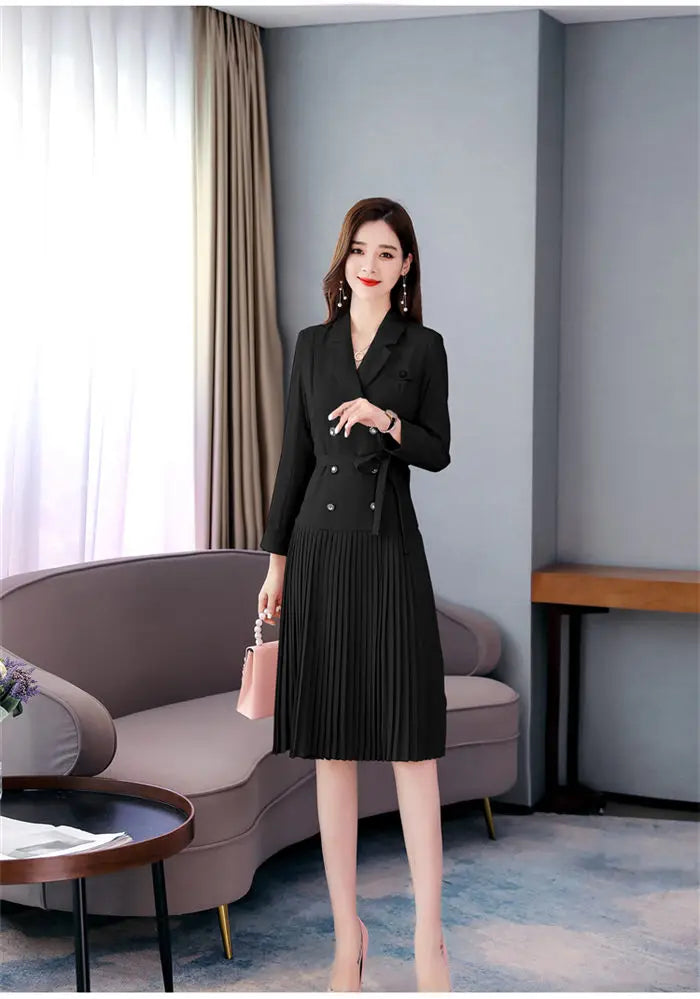 Notched Pleated Dress for Ladies Professional Suit Office Blazer Pink or Black Workwear Spring and Autumn New Fashion K1093