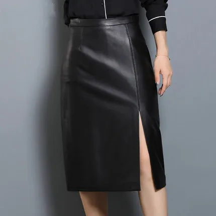 Women's Leather Skirt, High Waist, Genuine Sheepskin, A-Line, Medium Length, Spring, Autumn, M, 4XL