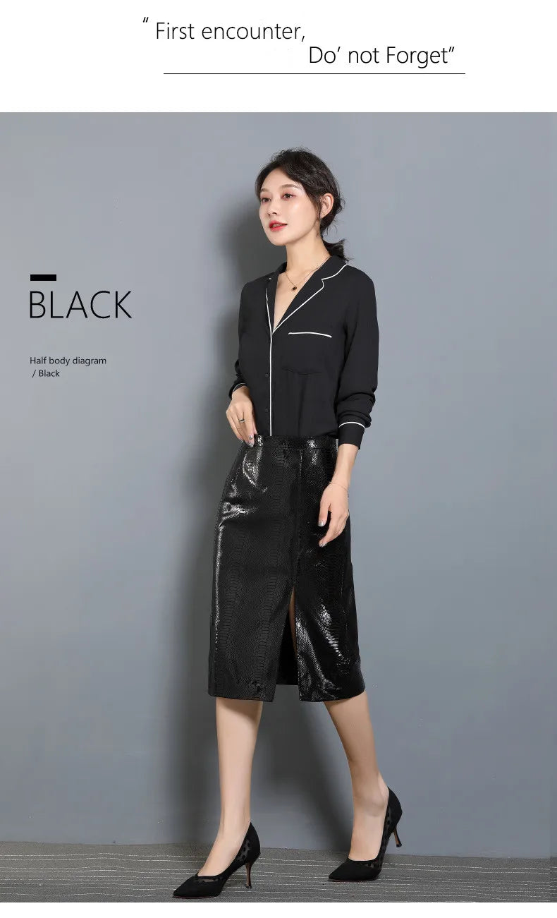 Women's Leather Skirt, High Waist, Genuine Sheepskin, A-Line, Medium Length, Spring, Autumn, M, 4XL