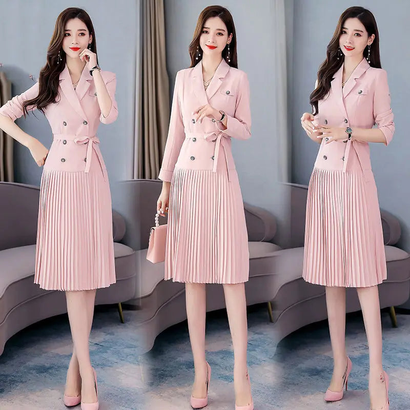 Notched Pleated Dress for Ladies Professional Suit Office Blazer Pink or Black Workwear Spring and Autumn New Fashion K1093