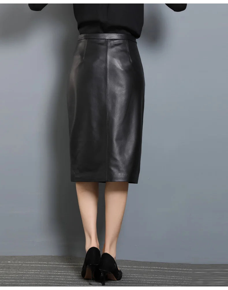 Women's Leather Skirt, High Waist, Genuine Sheepskin, A-Line, Medium Length, Spring, Autumn, M, 4XL