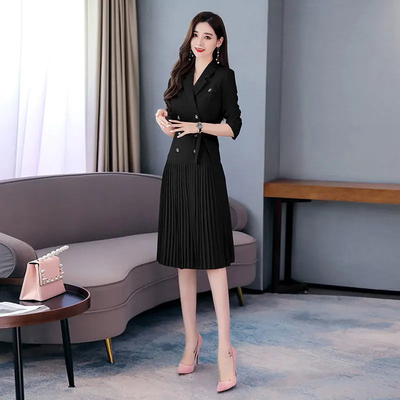 Notched Pleated Dress for Ladies Professional Suit Office Blazer Pink or Black Workwear Spring and Autumn New Fashion K1093