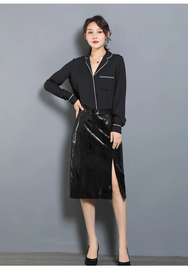 Women's Leather Skirt, High Waist, Genuine Sheepskin, A-Line, Medium Length, Spring, Autumn, M, 4XL