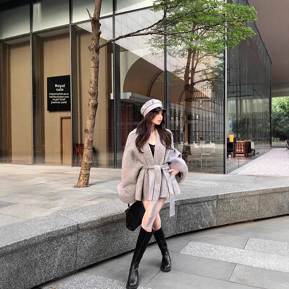 Slimming Thin Woolen Coat with Belt And Fur Sleeves for Women Trendy Autumn Winter Outerwear Elegant High-End Feeling