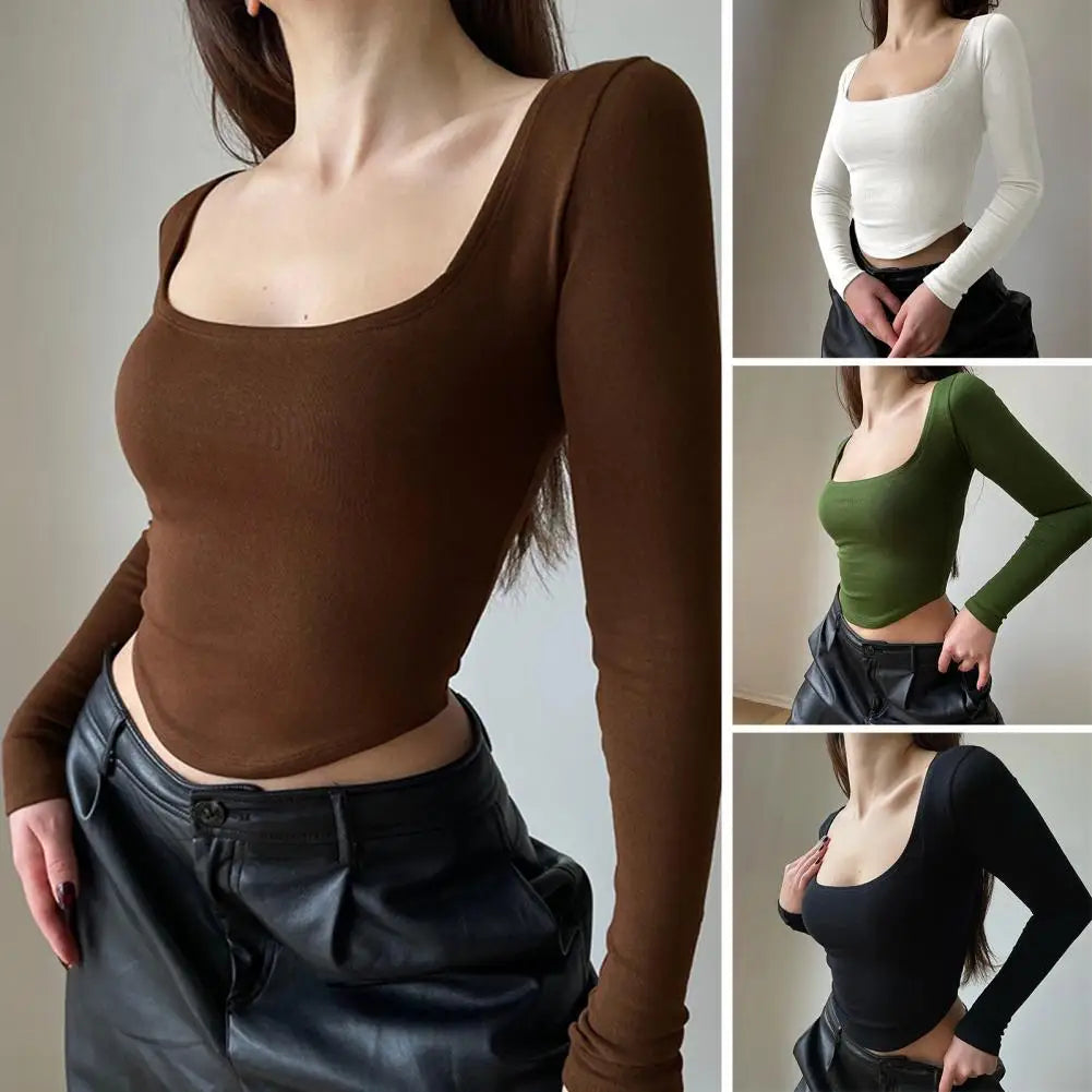 Short Blouse Elegant Square Neck Crop Top for Women Slim Fit Knitted Short T-shirt with Long Sleeves Pure Color Elastic for Club