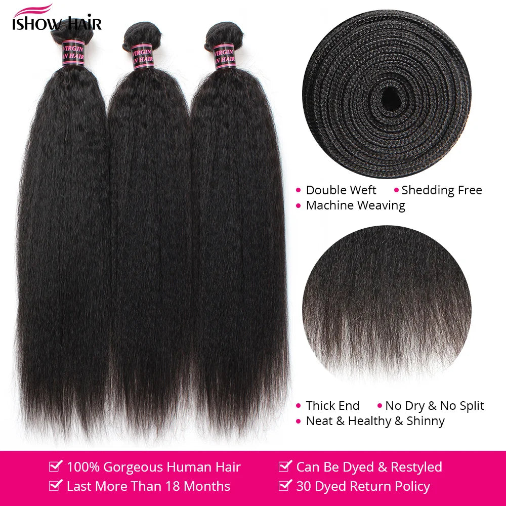Ishow Kinky Straight Bundles Brazilian Yaki Straight Hair Bundles For Women 1/3/4pcs Human Hair Bundles Remy Hair Extension