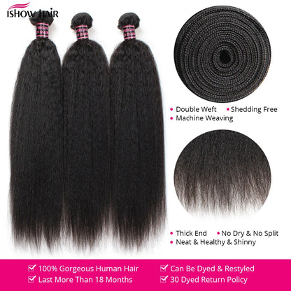 Ishow Kinky Straight Bundles Brazilian Yaki Straight Hair Bundles For Women 1/3/4pcs Human Hair Bundles Remy Hair Extension