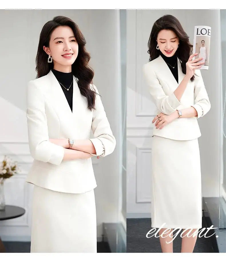 2025 New All Season Skirt Suits Women New Fashion Temperament V Neck Professional Blazer And High Waist Skirt Two Piece Set