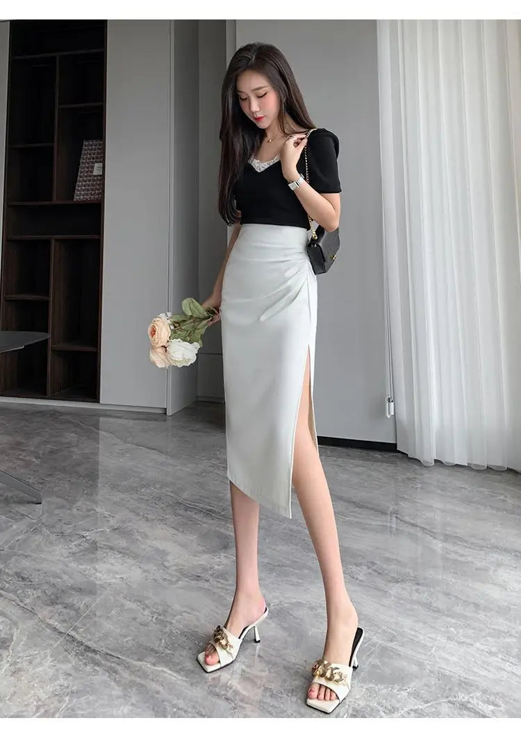 Slit Pleated Skirt for Women 2025 Summer New High-waist Slim Mid-length Versatile A-line Skirt