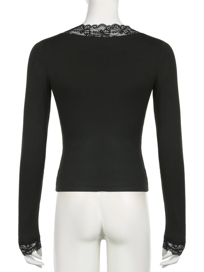 Casual Solid Lace Trim T Shirt Basic Slim V-Neck Long Sleeve Tees Women 2024 Autumn Spring Fashion Streetwear Ladies