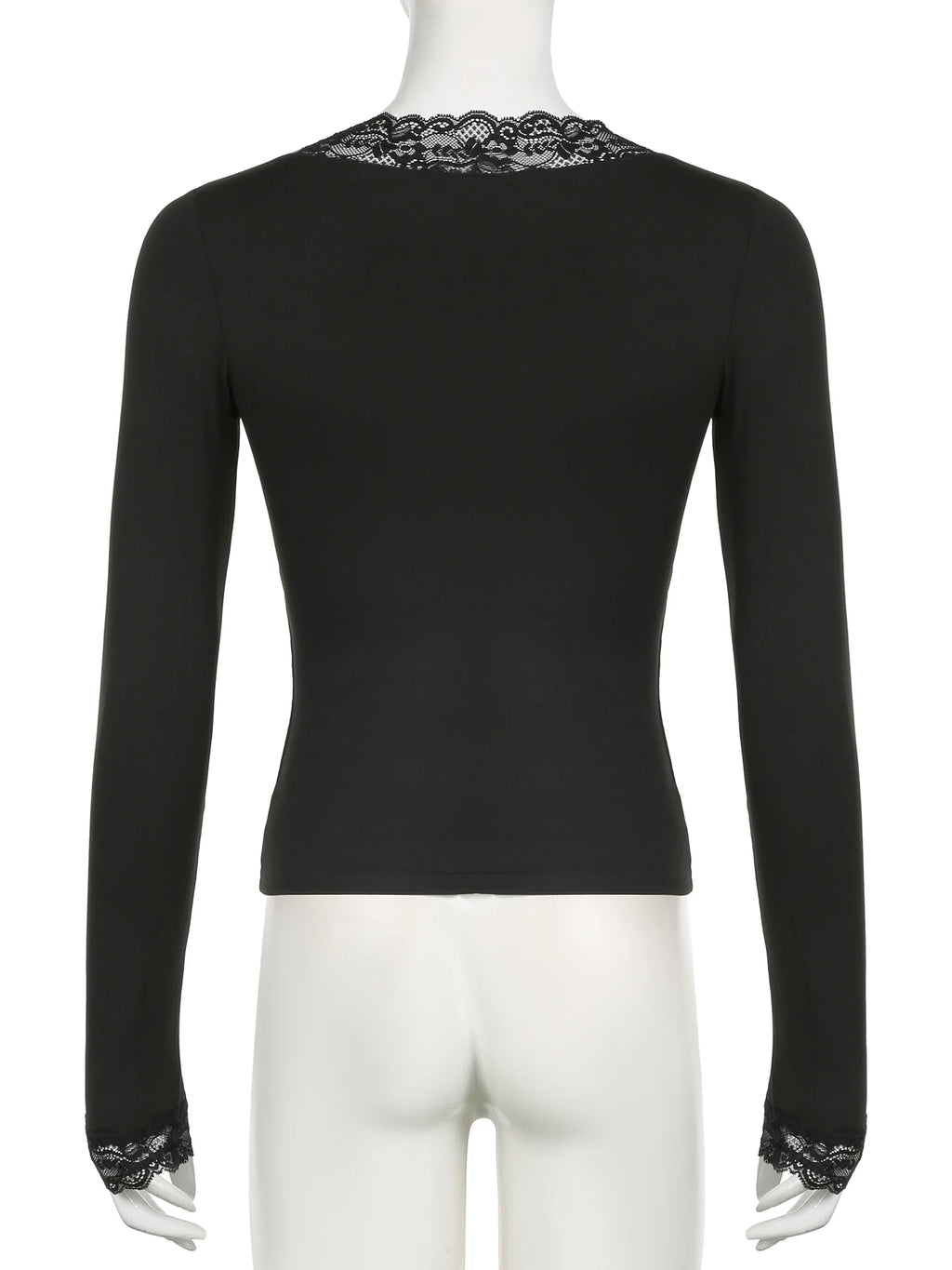 Casual Solid Lace Trim T Shirt Basic Slim V-Neck Long Sleeve Tees Women 2024 Autumn Spring Fashion Streetwear Ladies