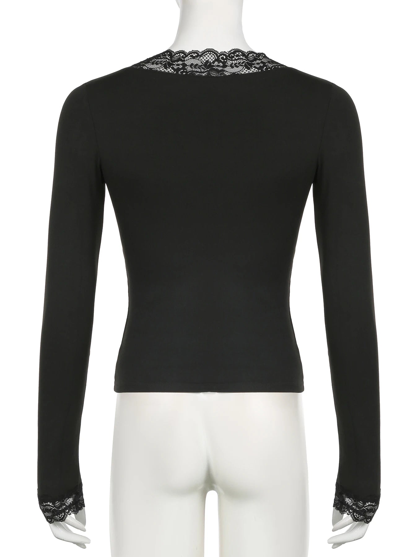 Casual Solid Lace Trim T Shirt Basic Slim V-Neck Long Sleeve Tees Women 2024 Autumn Spring Fashion Streetwear Ladies