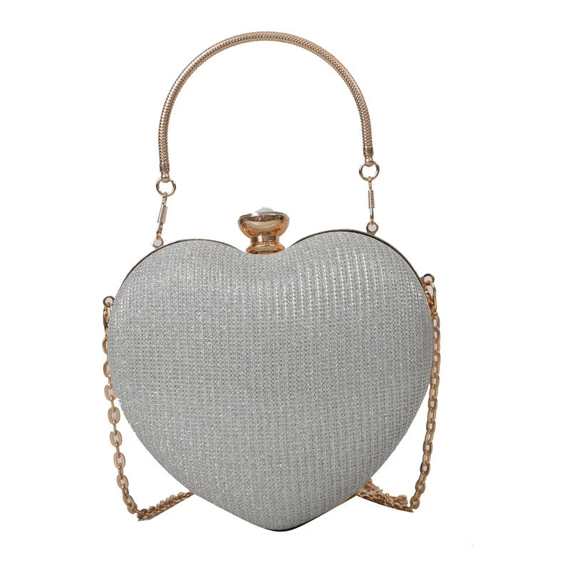 Evening Clutch Bag Women Bag Shiny Handbag Heart Shape Metal Clutches Bag Fashion Chain Shoulder Crossbody Bag Luxury Lady Purse