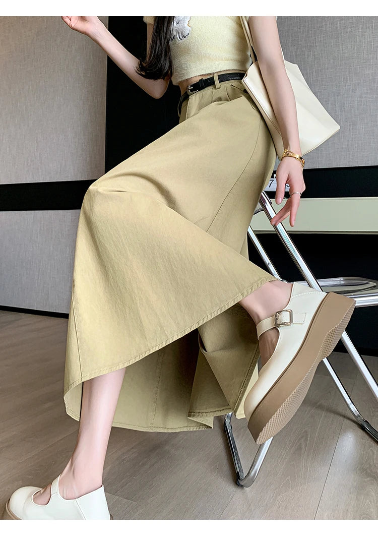 Seoulish Denim Skirts for Women 2024 Spring Summer New High Waist A-line Large Hem Office Lady Umbrella Skirt Pleated Long Skirt