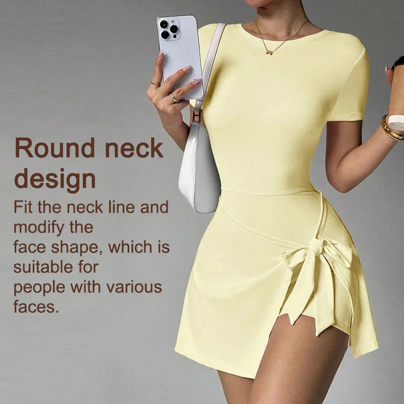 Women Yoga Bodysuit Short Dress Slimming Open Back Two Piece Look Anti See Through Athletic Tennis Skirt for Outdoor Workout