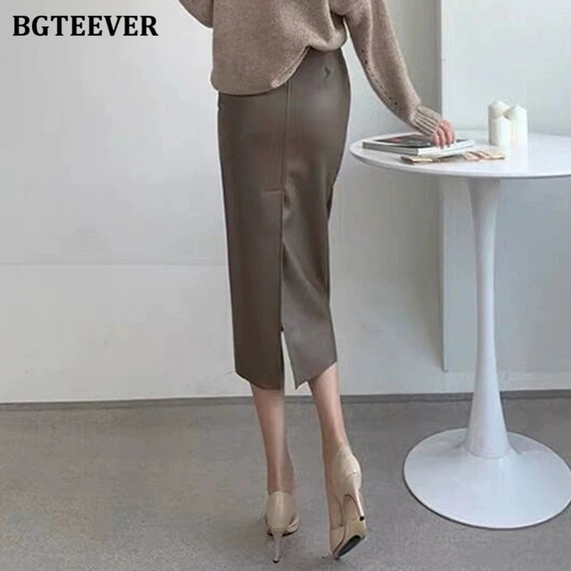 BGTEEVER Stylish Package Hip PU Leather Skirts for Women Autumn Elegant High Waist Slim Split Ladies Pencil Skirts