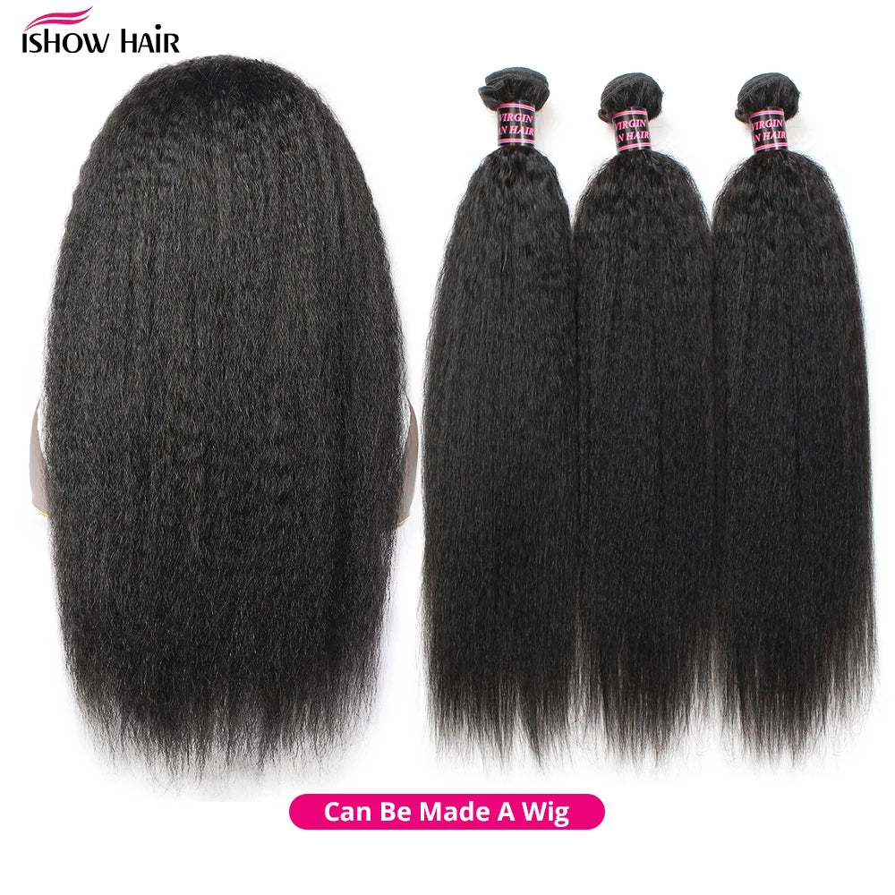 Ishow Kinky Straight Bundles Brazilian Yaki Straight Hair Bundles For Women 1/3/4pcs Human Hair Bundles Remy Hair Extension