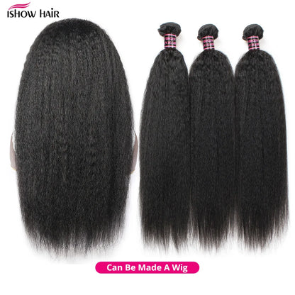 Ishow Kinky Straight Bundles Brazilian Yaki Straight Hair Bundles For Women 1/3/4pcs Human Hair Bundles Remy Hair Extension