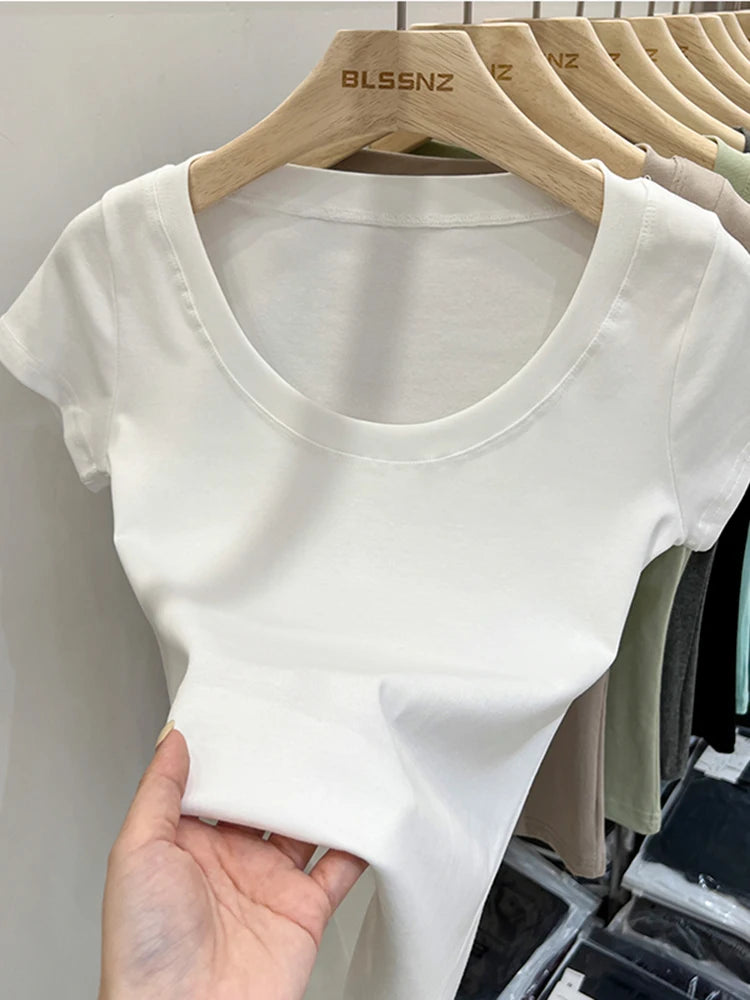 2025 Sexy Square Collar Slim T Shirt Women Cotton Elastic Basic Solid Female Casual Tops Short Sleeve Thin T-shirts See Through