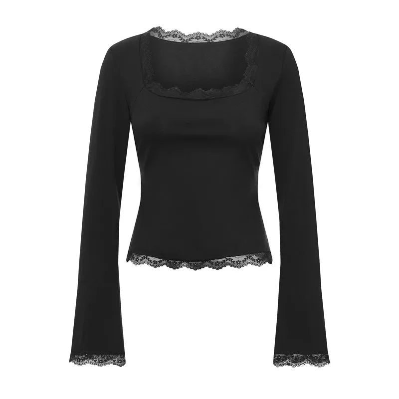 Women's Spring Lace Trim Tee Shirt Blouses Fashion Long Sleeve Square Neck Slim Trendy Party T-shirt Y2K Streetwear