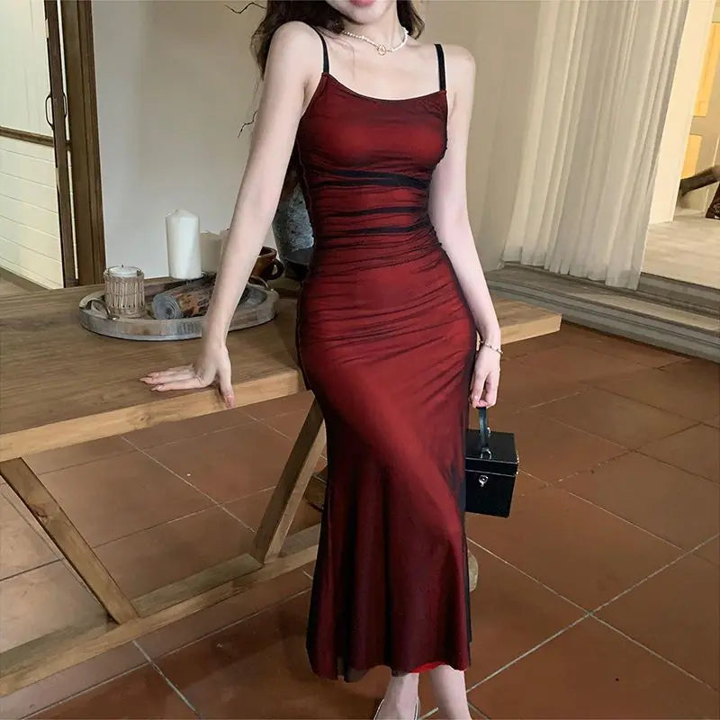Glamour temperament slip dress slim fit red evening dress midi mermaid dress women's clothing Spagatiti Strops dress