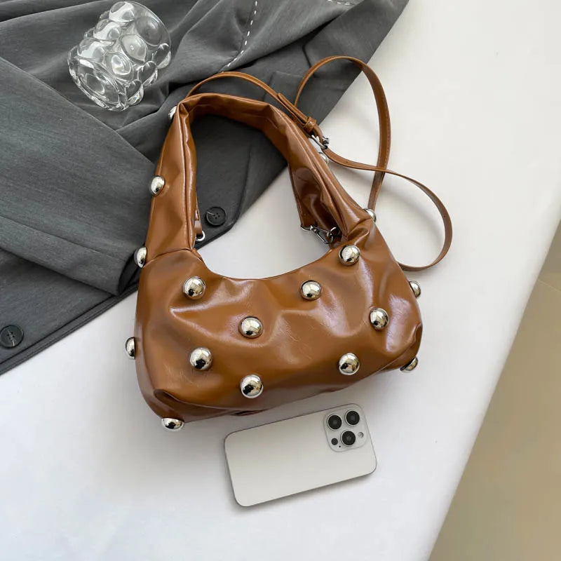 Black Half Moon Underarm Bag For Women Luxury Studded Beading Handbags Red Purse Solid Color Pu Leather Shoulder Crossbody Bags