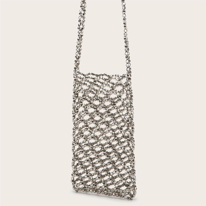 2022 Summer Silver Acrylic Hand-woven Beaded Bag Hollow Out Handmade Mobile Phone Messenger Bag Vertical Small Square Bag