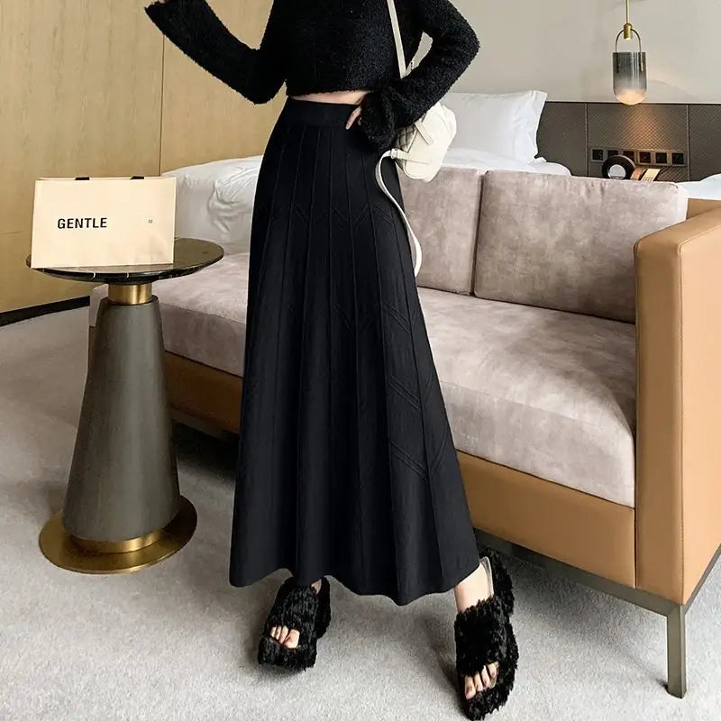 Knitted Midi Skirt for Women in Autumn and Winter, Black High Waisted A-line Yarn Large Swing Long Skirt Thickened To The Ankle