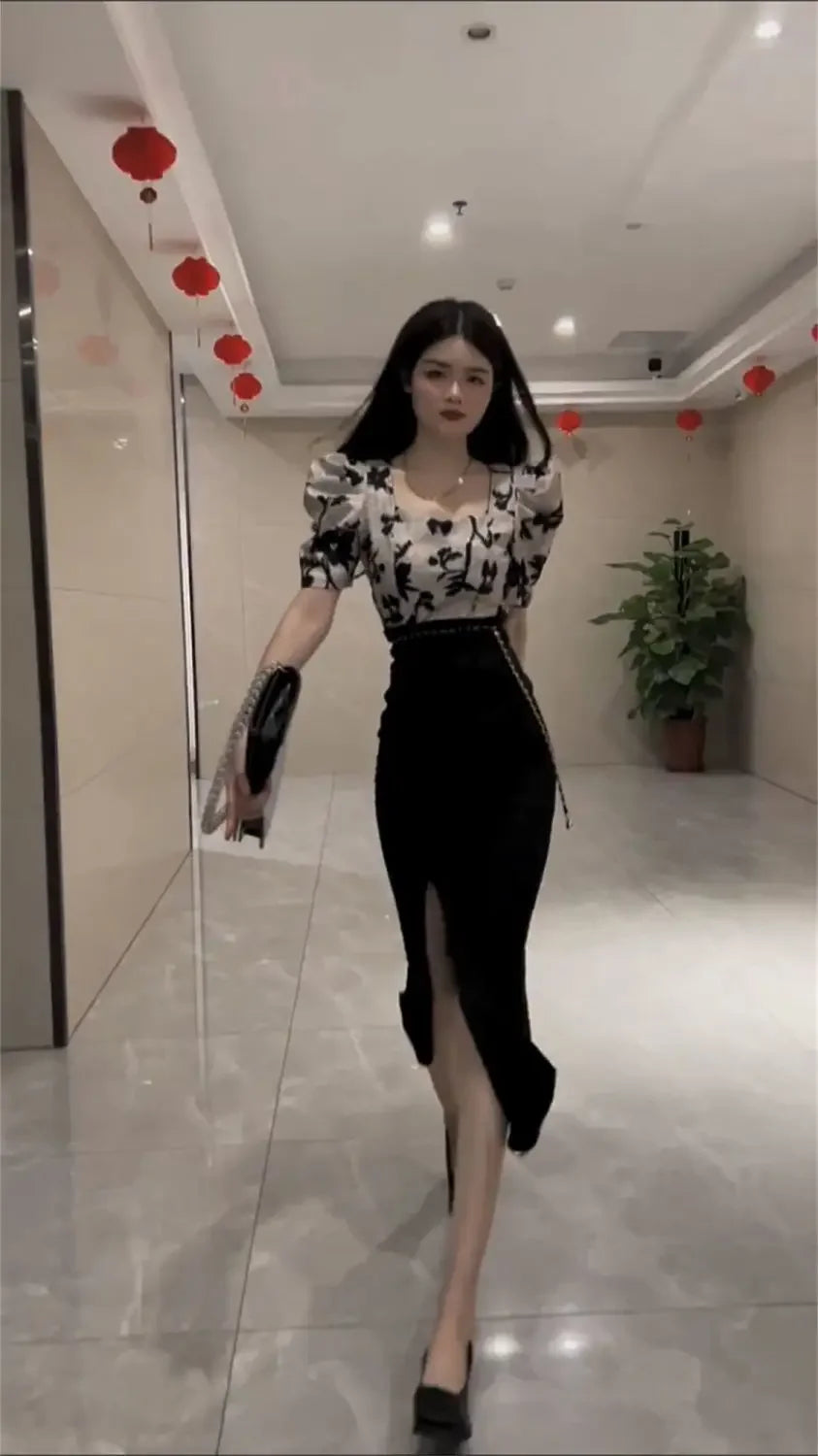 Skirt Suits Women's Two Piece Set Short Sleeve Long Maxi Sexy Female Outfits Slit Party Jacket Vacation 2025 Top and Bottom Full