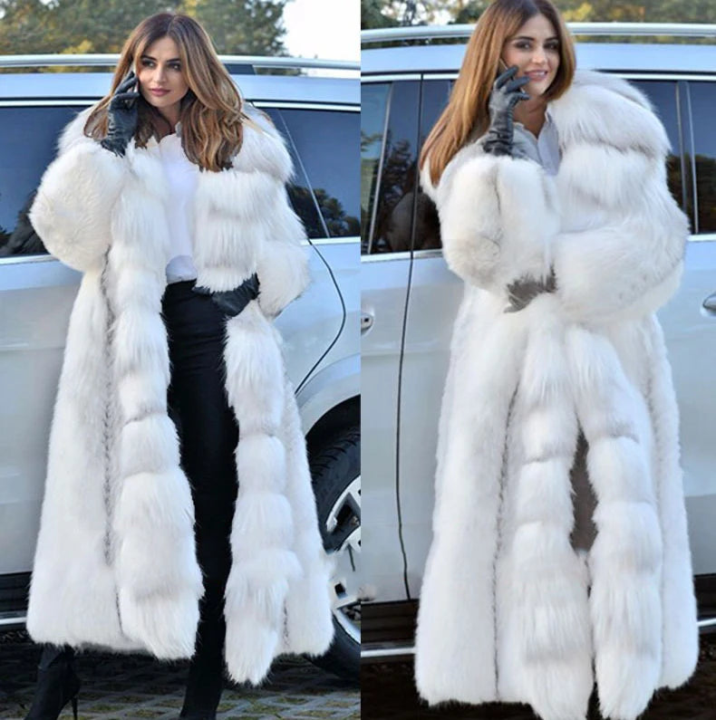 Women Faux Fur Coat Winterf Fashion Warm X-Long Large Size Coats Solid Hooded Loose Open Stitch 5XL New 2024 Elegant Clothing