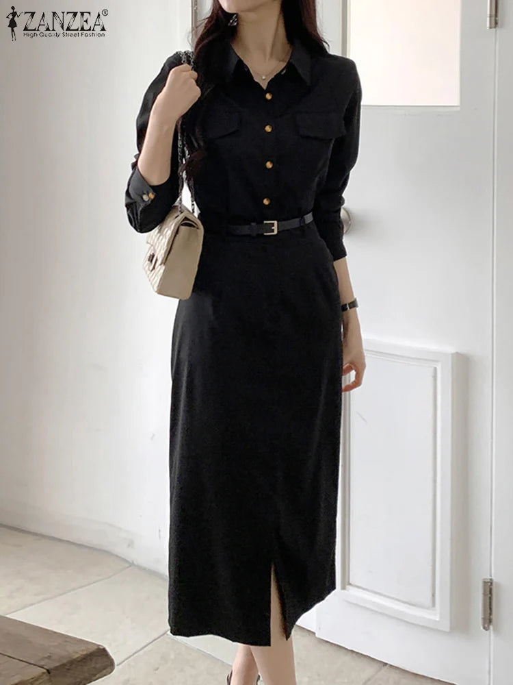 ZANZEA Women Lapel Long Sleeve Vestidos 2025 Spring Solid Work Dresses Casual Waisted No Belted Robe Office Lady Midi Spilt Robe