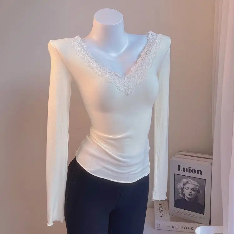 Women's Blouses Sexy Lace Deep V Neck Long Bell Sleeves Top Slim Fit Low Cut Sheer Mesh Shirt For Spring Fall Women's Clothing