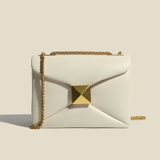 Early Spring Korean Style Cropped Studded Niche Chain Bag 2024 New Trendy Versatile Handbag Genuine Leather Small Square Bag