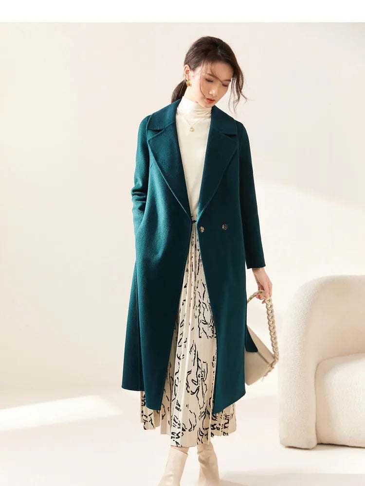 SENTUBILA Women 100% Wool Long Wrap Coat 2025 Elegant Notched Collar Belted Warm Double Faced Woolen Winter Overcoat W24O43352