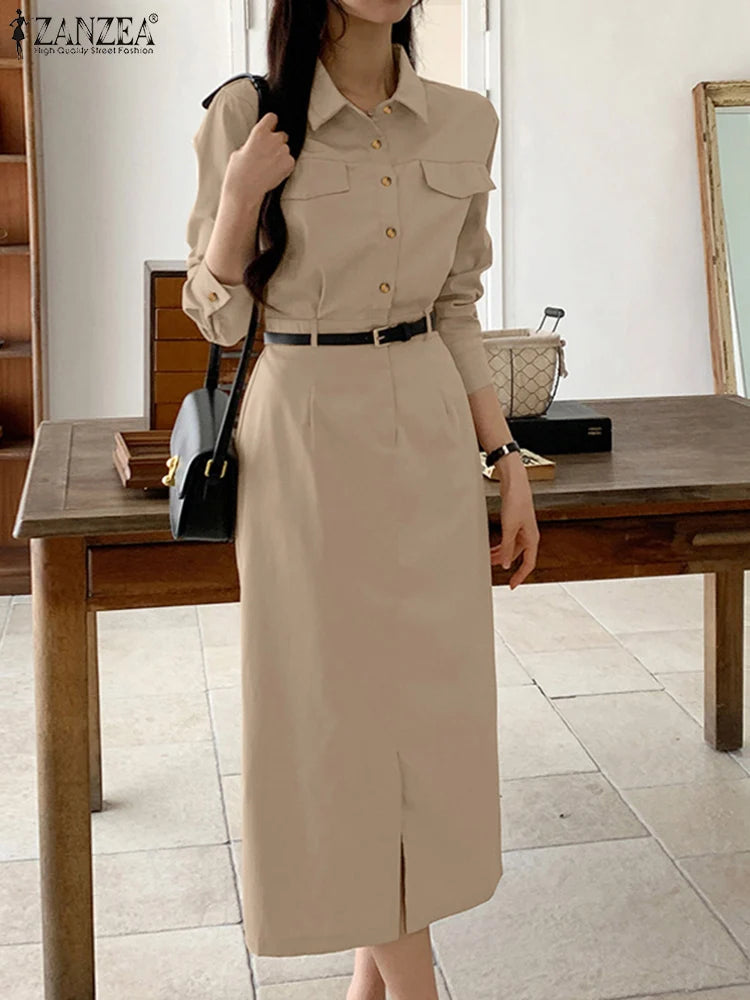 ZANZEA Women Lapel Long Sleeve Vestidos 2025 Spring Solid Work Dresses Casual Waisted No Belted Robe Office Lady Midi Spilt Robe